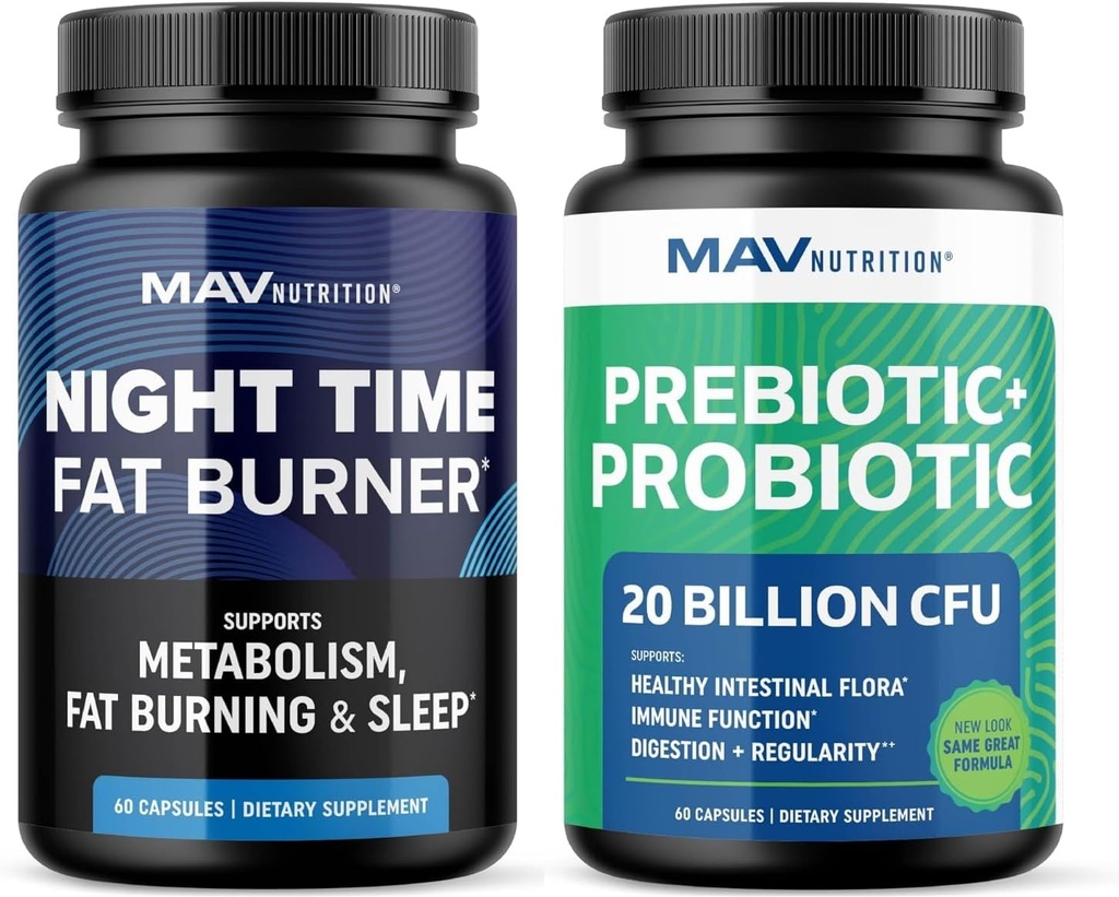 MAV 营养晚间脂肪燃烧器 Capsules 和 Probiotic & Prebiotic Capsules + 过夜代谢 胃脂肪燃烧口腔健康支持 + 综合消化健康