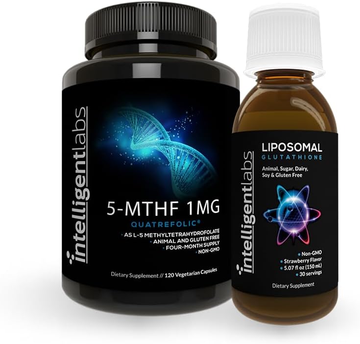 500MG Liposomal Glutathione(液化氧化物补充剂)和1MG 5-MTHF甲基folate作为Quatrefolic酸®(甲基化支持的MTHFR补充剂)的智能实验室2-in-1