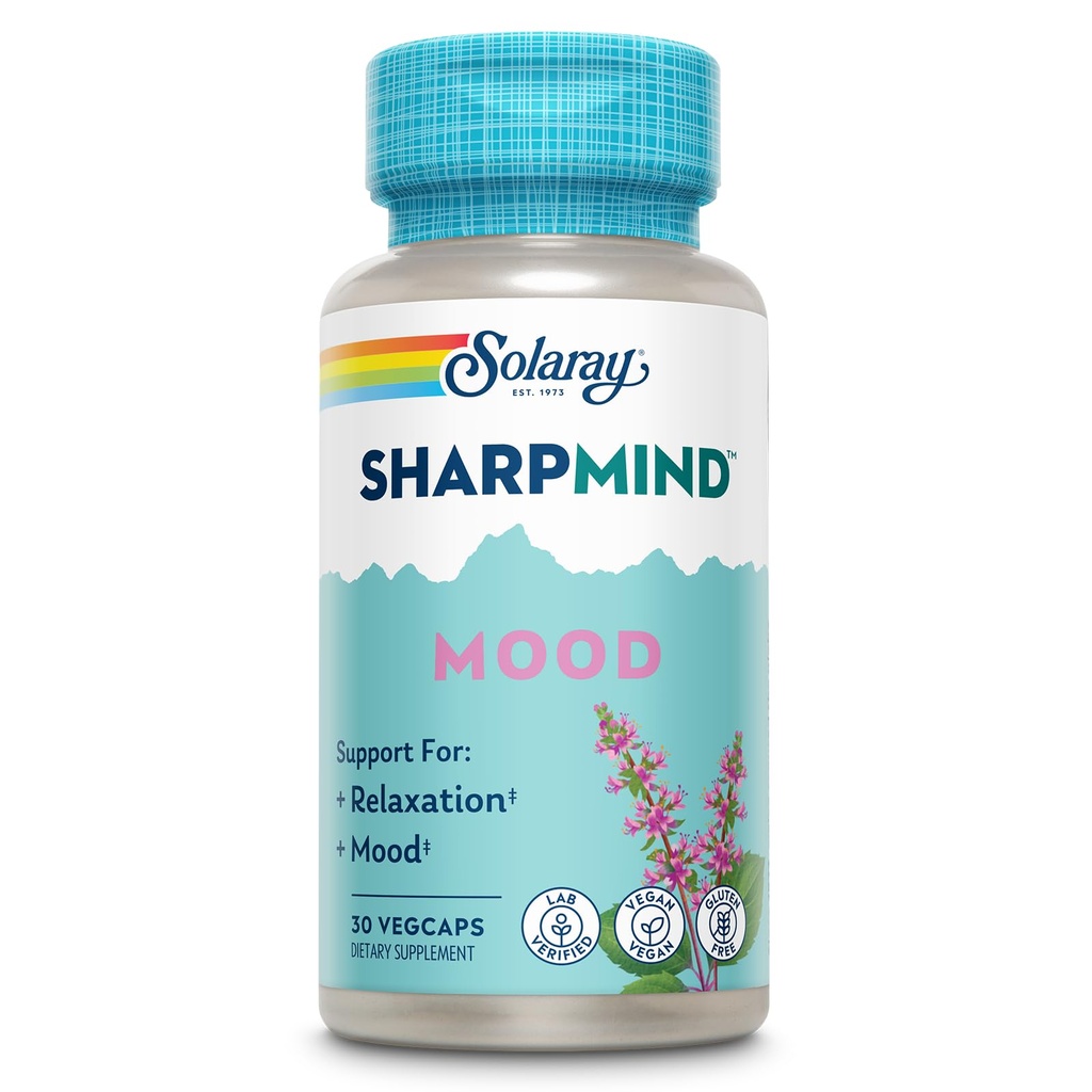 SOLARAY SharpMind Mood 支持补编, " 放松和减轻压力的新热带 " 、 " Zembrin " 、 " 圣巴西尔 " 、 " 5毫克锂 " 、 " 有机Reishi蘑菇 " 、 " 60天保障 " 、 " 30次服务 " 、 " 30次Veg Cap "