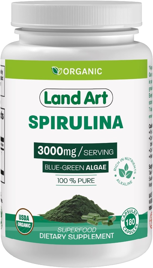 土地艺术认证有机螺旋体 - 180 Capsules - 超食品 - 富含矿物,维生素和蛋白质 - Vegan