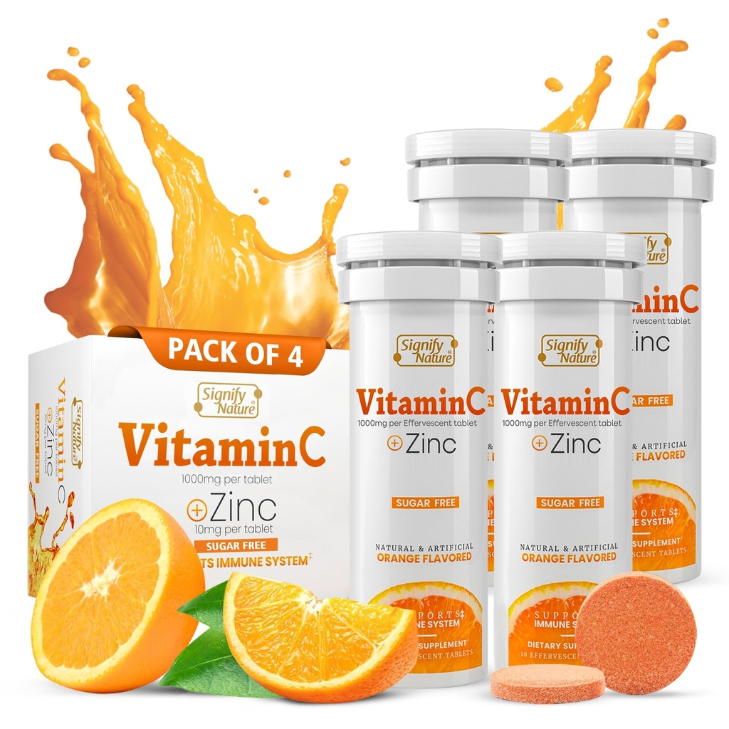 SIGNIFY NATURE 维生素 C 1000mg Effervescent 片 - 带有锌补充剂的有潜力的免疫支持 VIT C - 无糖和维冈公式 - 溶解维生素 C 片 - 水溶性 Fizzy Elixir - 40CT