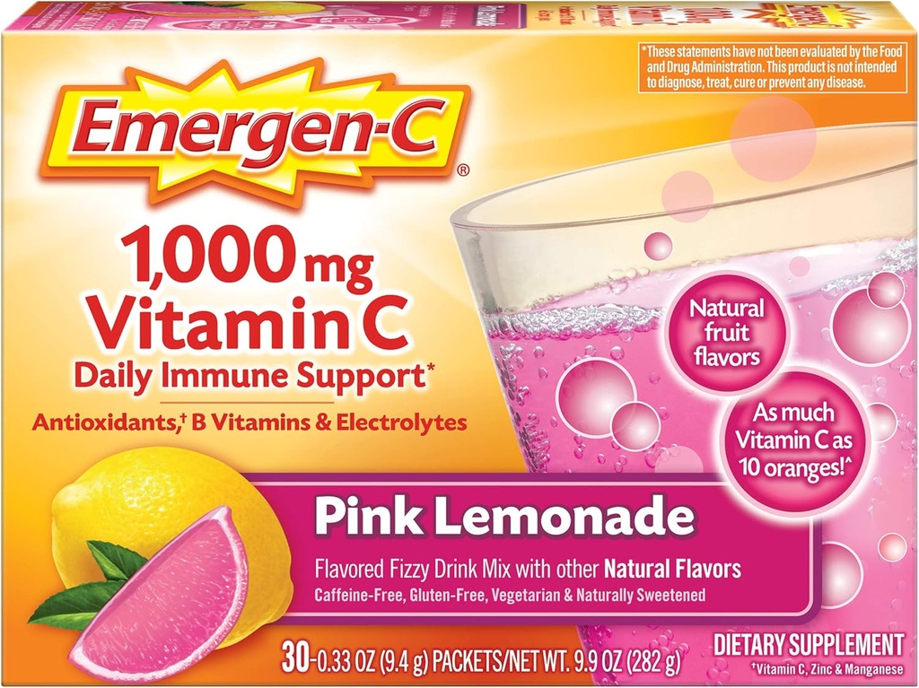 Emergen-C 1000mg 维生素C 粉末,有抗氧化剂,B 维生素和电解质,免疫支持豁免补充剂,咖啡因自由菲兹饮料混合剂,粉红柠檬汁火焰-30 Counter (Pack of 12)