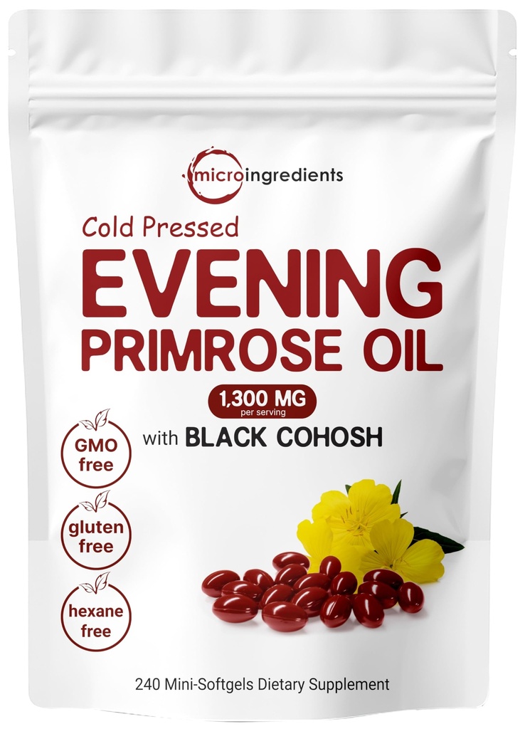 微量成份 晚间Primrose Oil 1300mg Pervice, 240 Softgels | 增强 含40mg Black Cohosh 提取, Cold pressed – 10% Active GLA, Non-GMO, No Gluten, Easy to Swallow