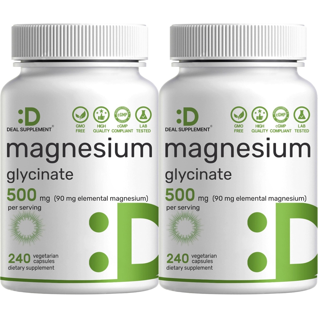2 Pack Magnesium Glycinate 500mg, 480 Veggie Capsules 100% 方便吸收的化学剂 肌肉、睡眠和心脏健康的基本矿物补充剂