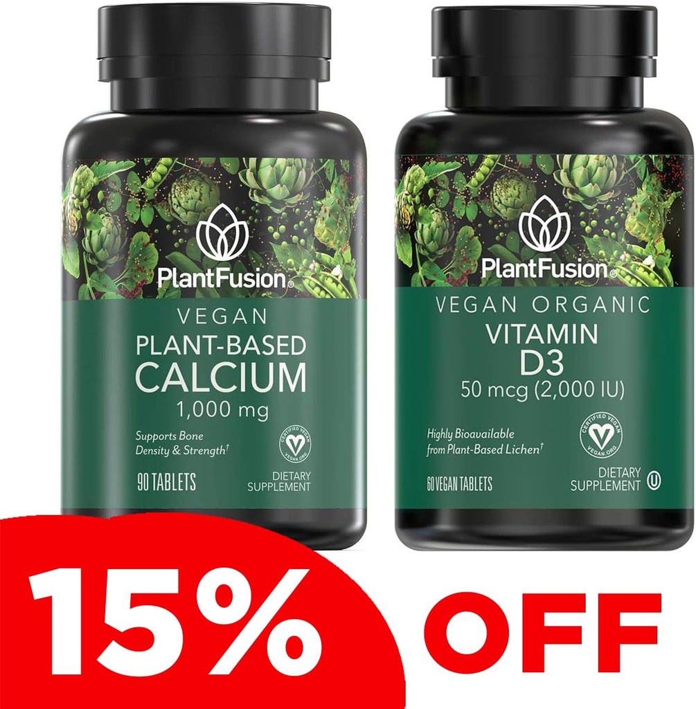 PlantFusion Vegan Calcium & D3 Bundle - Premium Plant Calcium 1000mg和D3 2000IU 骨骼生长、密度和强度与免疫支持的补编