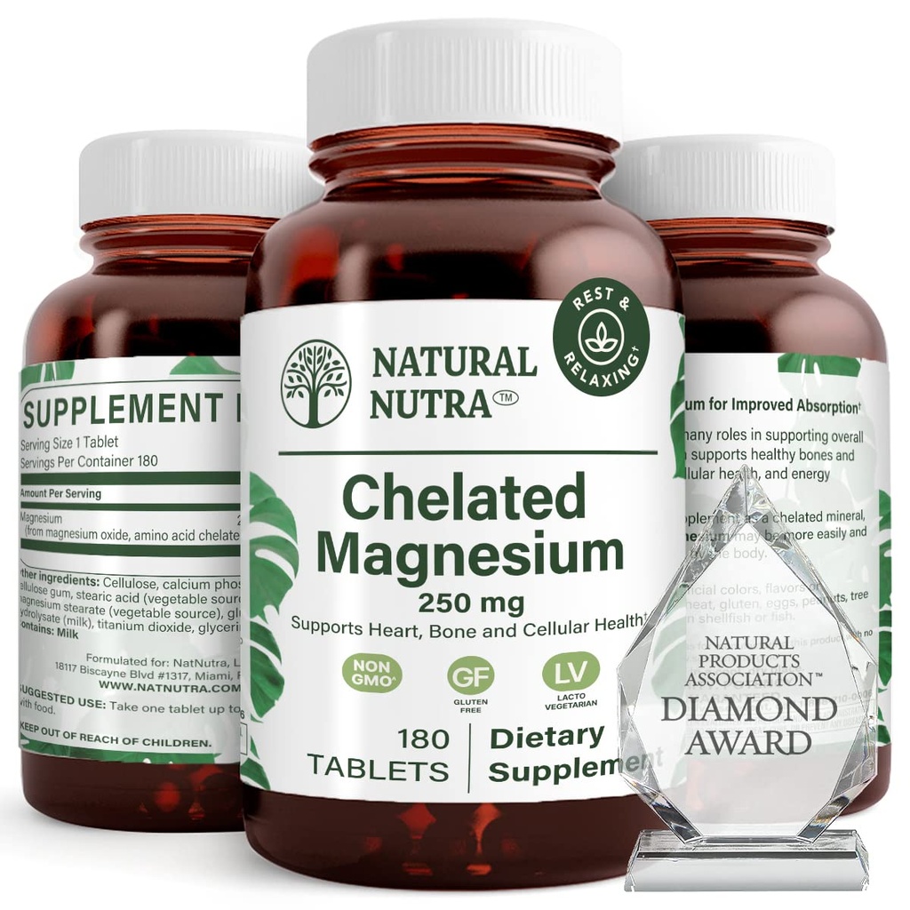 Natural Nutra Chelated Magnesium Oxide 250 mg - 对强骨、心脏健康、牙科健康、能量波斯特、无葡萄糖、无GMO、无BPA-无可回收玻璃瓶中的180块石片进行高吸收