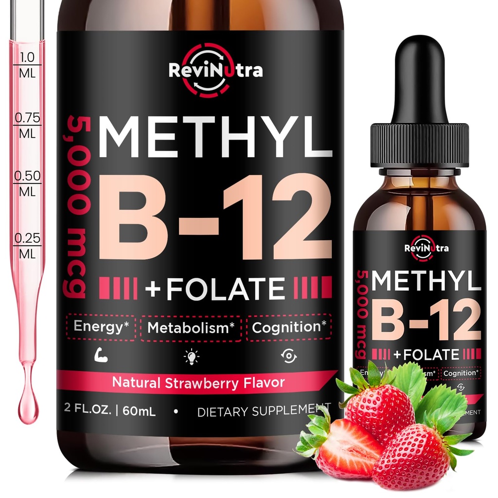 维生素B12液滴,B12维生素5000mcg,维生素B复合物补充物与甲基Cobalamin B12亚语,维生素B6,Folate for Energy, Brain, Heart Health, Vegan Strawberry Flavor 2 Fl Oz