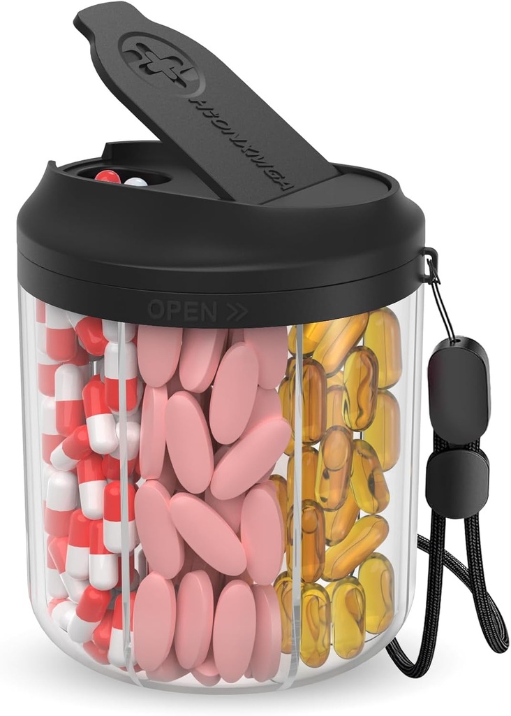 配有7个大样板的药剂师 配有7个大样板的药剂师 Pill Bottle Organizationer 4.4" H x 3.6" Dia for Travel, 配有反混装设计的补充组织者 BPA-Free Pill 容器配有20个Pcs标签,黑色