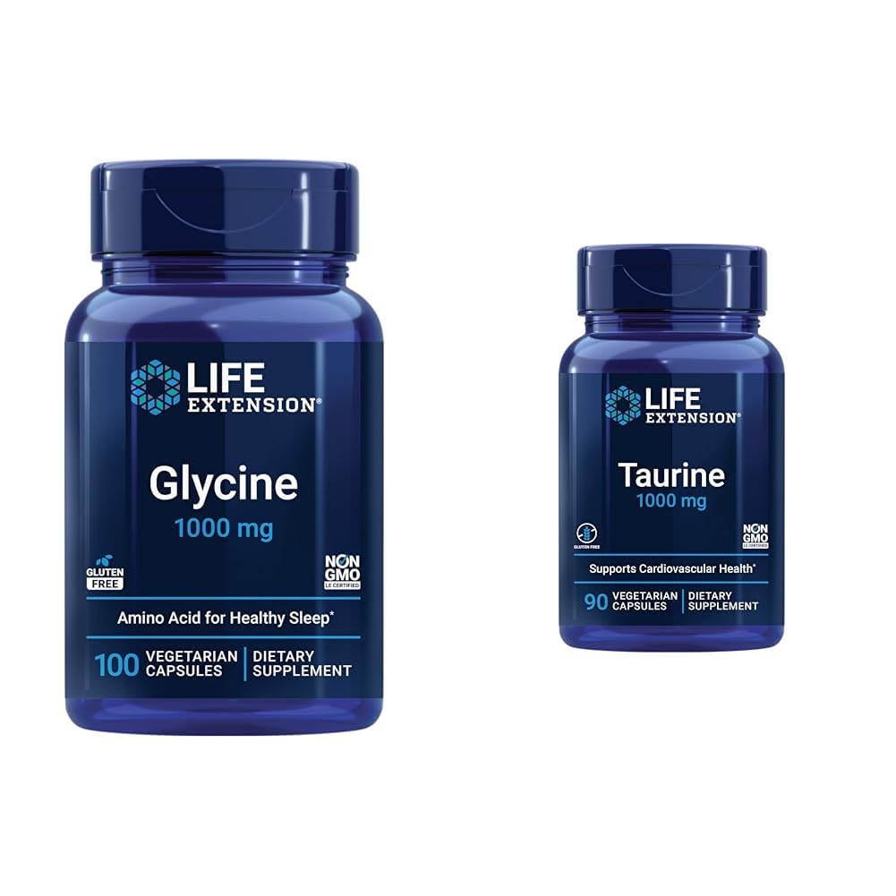 寿命延长:Glycine 1000毫克、促进放松、健康睡眠和陶林、纯陶林氨酸补充剂、心脏、肝脏和脑健康