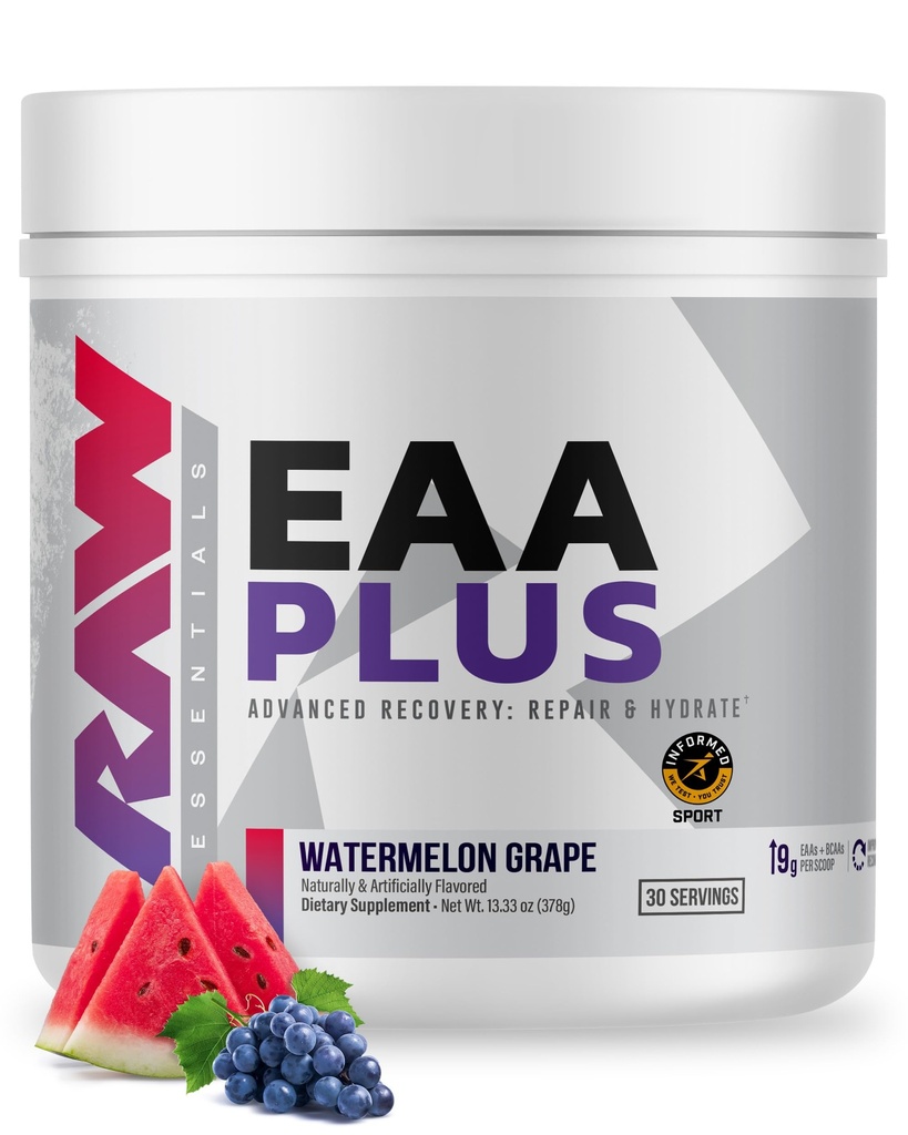 RAW EAA Plus, 氨基酸粉,西瓜葡萄(30种服务) - 高级耐力、恢复和精液肌肉生长前工作氨基能源粉 - BCAA 氨基酸对男女的补充