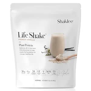 Shakle Life ShakeTM Plant Protein French Vanilla - 配有20g蛋白,6g纤维,24个维生素和矿物的全餐替换 - 支持满足和健康体重 - 非GMO - 14种服务