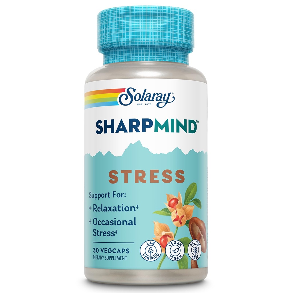 SOLARAY SharpMIND 压力,新热带迷幻药支助补充 放松和偶尔压力救济支助,Ashwagandha的适应剂,L Theanine,60天钱担保,30 Servi 30 Veg Caps