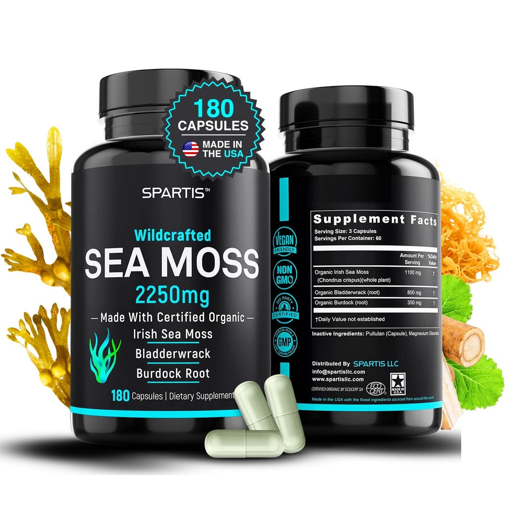 经认证的有机海苔(Irish Sea Moss Capsules 2250mg) 野生爱尔兰海苔(Moss Burdock root Bladderwrack) 补充 Raw Seamos Pills & Powder (Pack of 1 at 180-Caps)