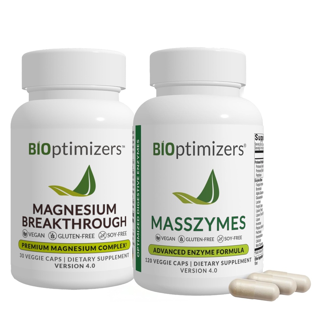 BiOptimers 镁突破4.0(30 Capsules) & MassZymes 4.0(120 Capsules) - 天然睡眠,大脑和消化健康支持补充剂 Bundle