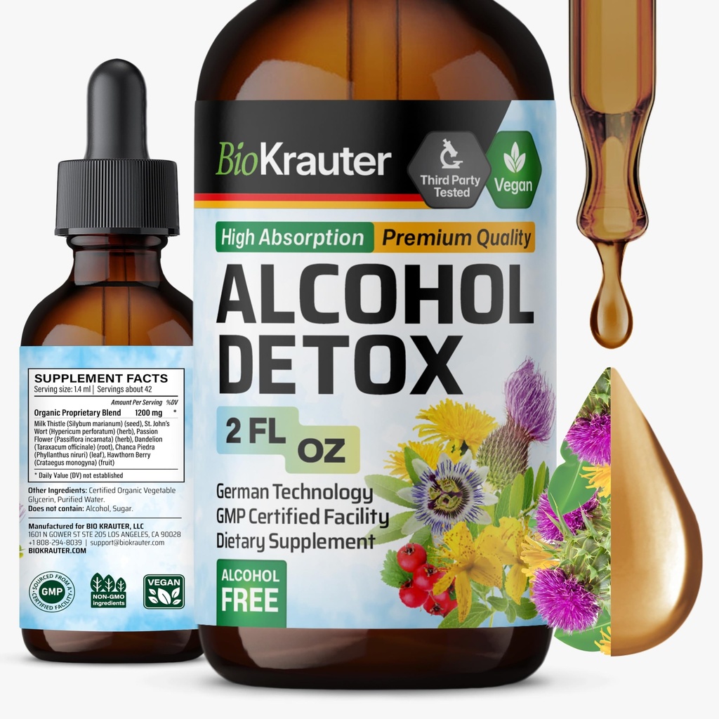 BIO KRAUTER 酒精解毒叮当 - 肝脏清洁和解毒公式 - 牛奶硝酸盐 & Dandelion - 肝脏支持液体提取 - 酒精和糖无毒 - Vegan Drops 2 Fl.Oz.