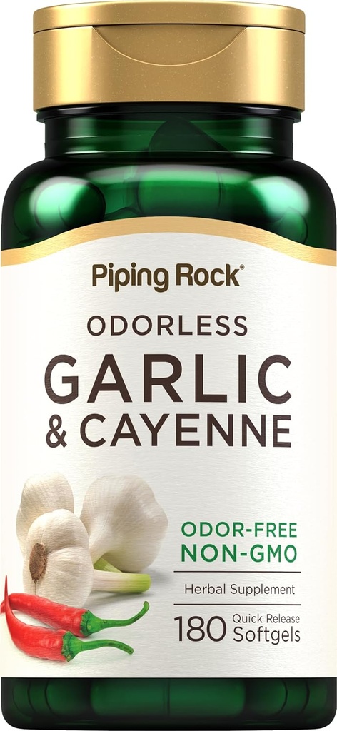 配有 Cayenne 的 Allium Sativum 的 Pipping Rock 无味大蒜软胶 + 180 软胶 + 配有 Cayenne 的 Sativum + 的非 GMO, Gluten Free