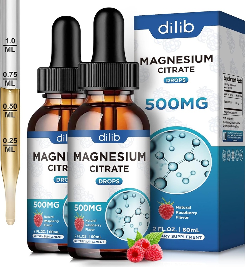 (2包) 液态镁液滴补充500mg-支持性压力缓解、骨骼、肌肉、Mood、Sleep-4 Fl Oz、Vegan、Raspberry Flavor