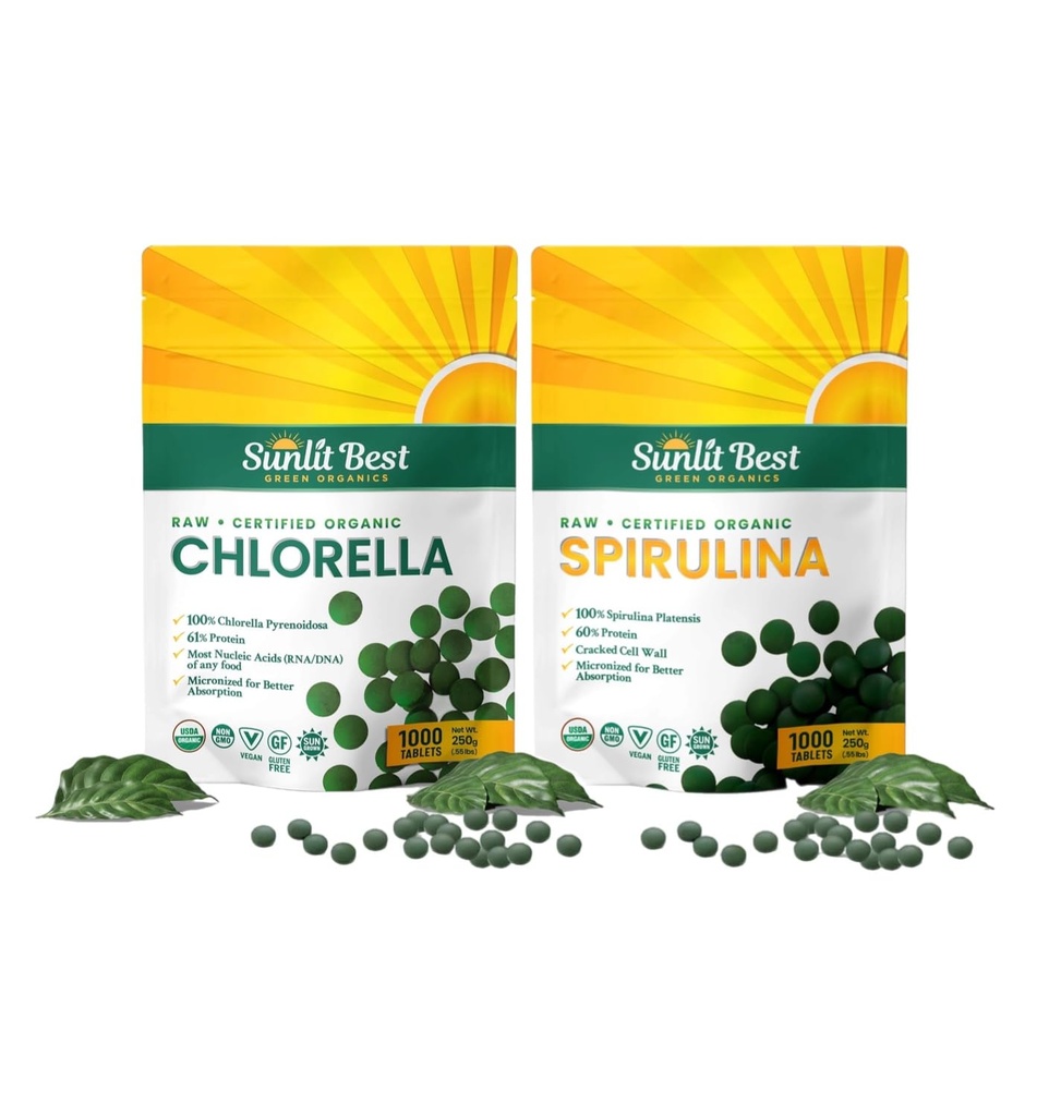 Sunlit Best Premium Chlorella and Spirulina 1000 计算表盘用于免疫支持、能源、福祉