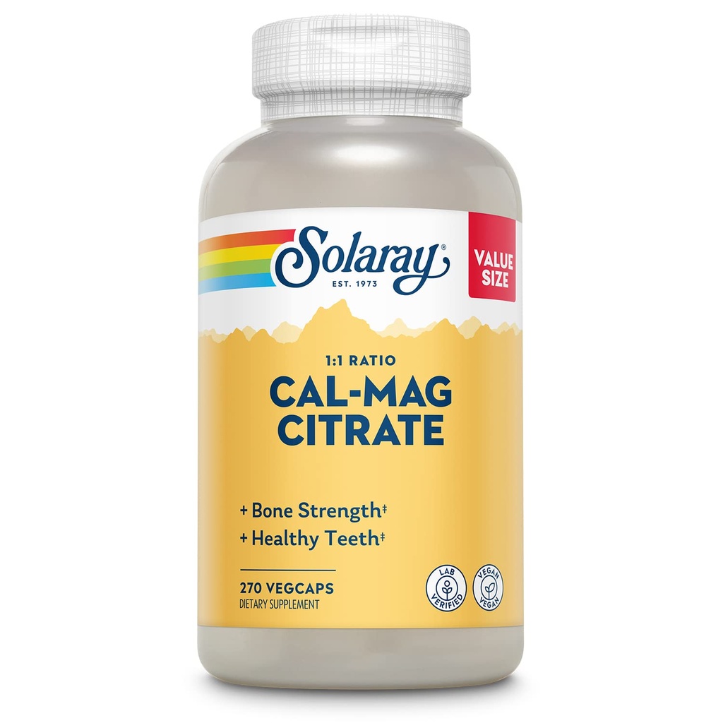 Solaray Calcium Magnesium Citrate 1000mg 1:1 比率、骨强补充剂、肌肉、神经和骨健支持、高吸附费、60天保障、45种服务、270种蔬菜