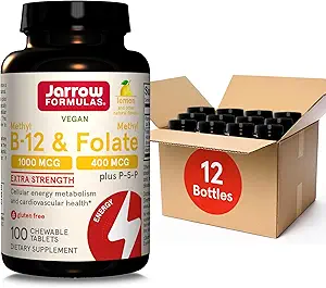 Jarrow Formules Methyl B-12 1000MCG & Methyl Folate 400 MCG, Extra Starity, Cellullar Energy Metabolism & Cardio血管健康公式(1) 配有P-5-P 100 化学标签,最多100天 Supplement,12Pack