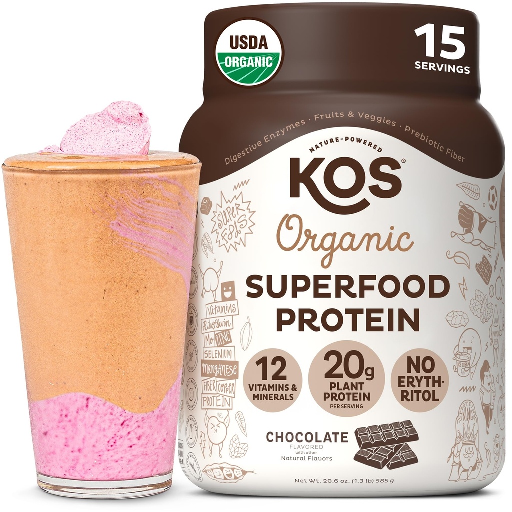 KOS厂制蛋白粉,巧克力 USDA有机 - 低碳皮蛋白混合剂,Vegan 配有维生素和矿物的超级食品 - Keto, Soy,乳品免费 - 妇女和男子的食品替代 - 15种服务