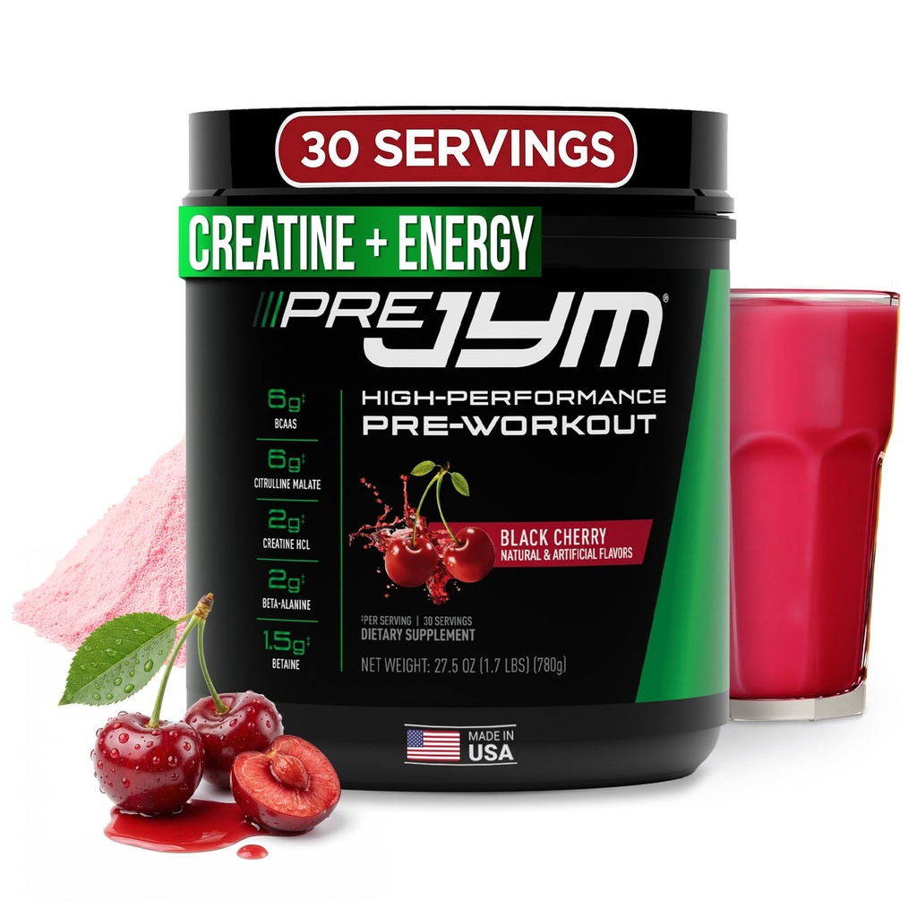 JYM 补充科学预科 JYM 黑樱桃 男女预研粉,BCAAs,Nootropoctics, Creatine HCI, Citrulline, Beta-Alanine, Betaine, Taurine, Huperzine, 30名服务员
