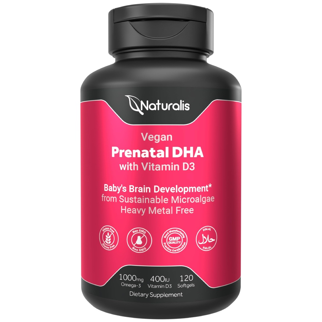 Naturalis Vegan 产前全谱 Omega-3 | Algae DHA, EPA, DPA, 维生素D3 和活的Folic L 5-MTHF | Vegan 学会认证,可持续来源,非GMO & Soy Free |120 Veggie Softgels
