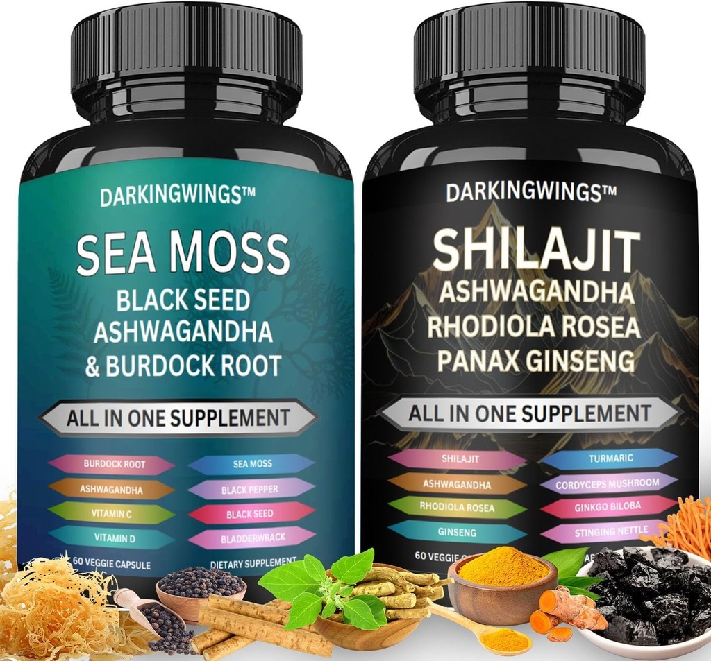 Shilajit 和 Sea Moss Capsule, 完整的生命力公式 — Shilajit, Sea Moss, 黑种子石油, 适应物 — 自然能源和免疫支持