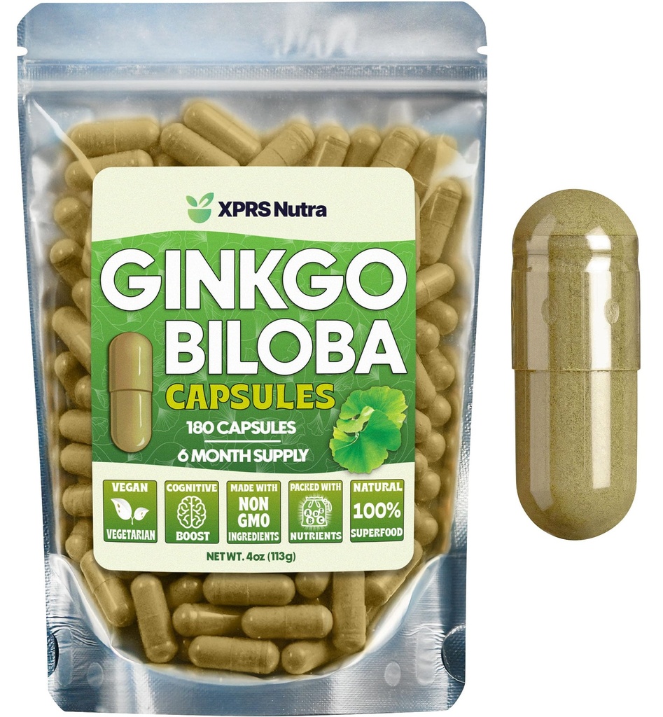 XPRS Nutra Ginkgo Biloba Capsules - Gingko Biloba 封装的认知补充品 - Vegan 友好的 Ginkoba Biloba - 豁免助推 Ginkgo Biloba Capsules - 180