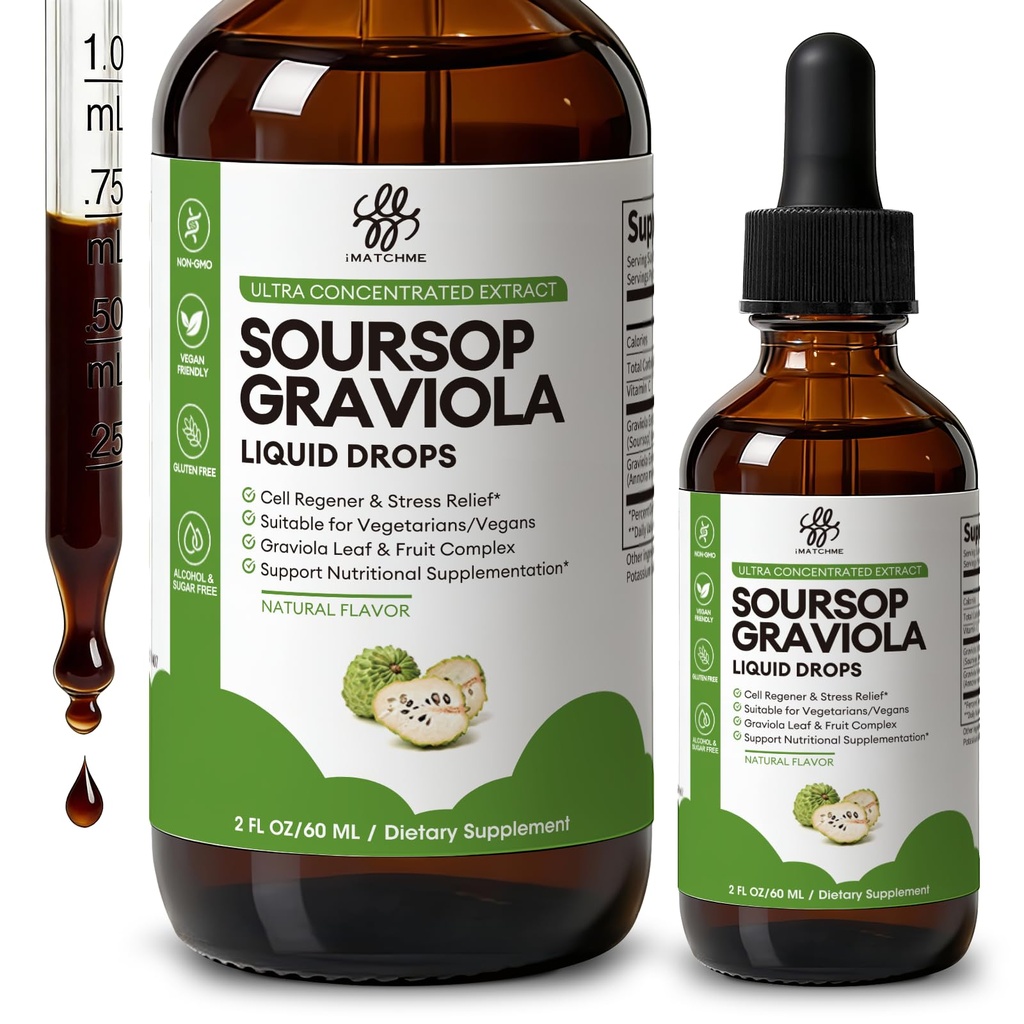 iMATCHME Soursop Graviola液滴用于细胞支持和再生,Imune系统和Gut健康支持,纯Soursop位数液体,高吸收,糖/糖自由,天然火焰,2 Fl Oz