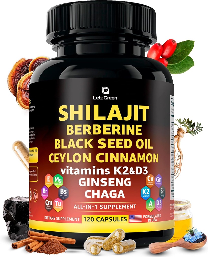 含有黑籽油的喜马拉雅石膏(Shilajit Capsules) 肉桂(Berberine Cinnamon Ginseng Chaga & Taurine & Vitamin A, E, D3, K2(120 count)-全仁-1富尔维酸石膏(Fulvic Shilajit for Men and Women)