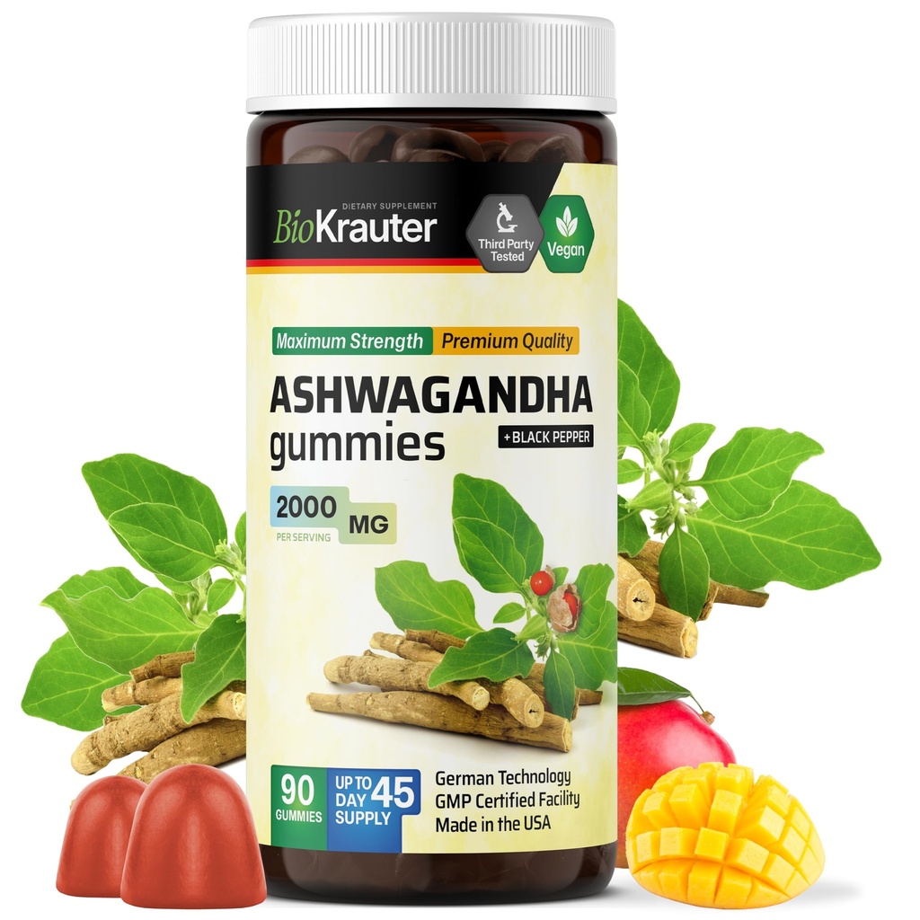 BIO KRAUTER® Ashwagandha Gummies for Mood & Relaxation Support 2000 mg - Vegan Ashwagandha Supplements for Women & Men - 90 Relax Gummies for Stress Management - Mango Flavor, Non-GMO