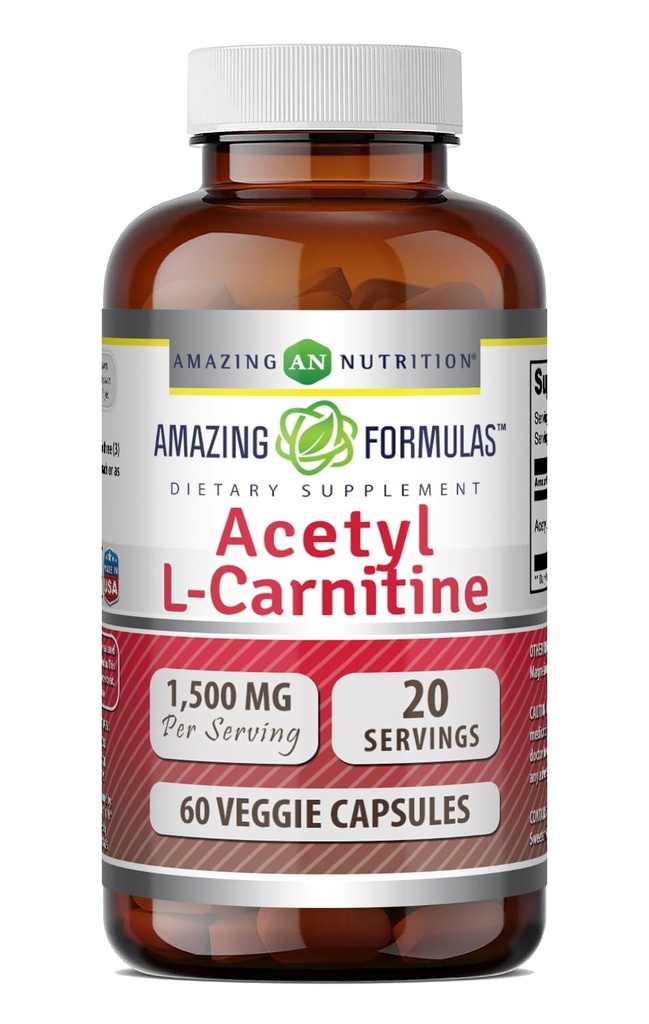 神奇的Acetyl L-Carnitine Hcl Veggie饮食补充剂 - 500 Mg, Veggie Capsules (非转基因,Gluten Free) Per Bottle - 促进能源生产和认知功能(60 Counter)