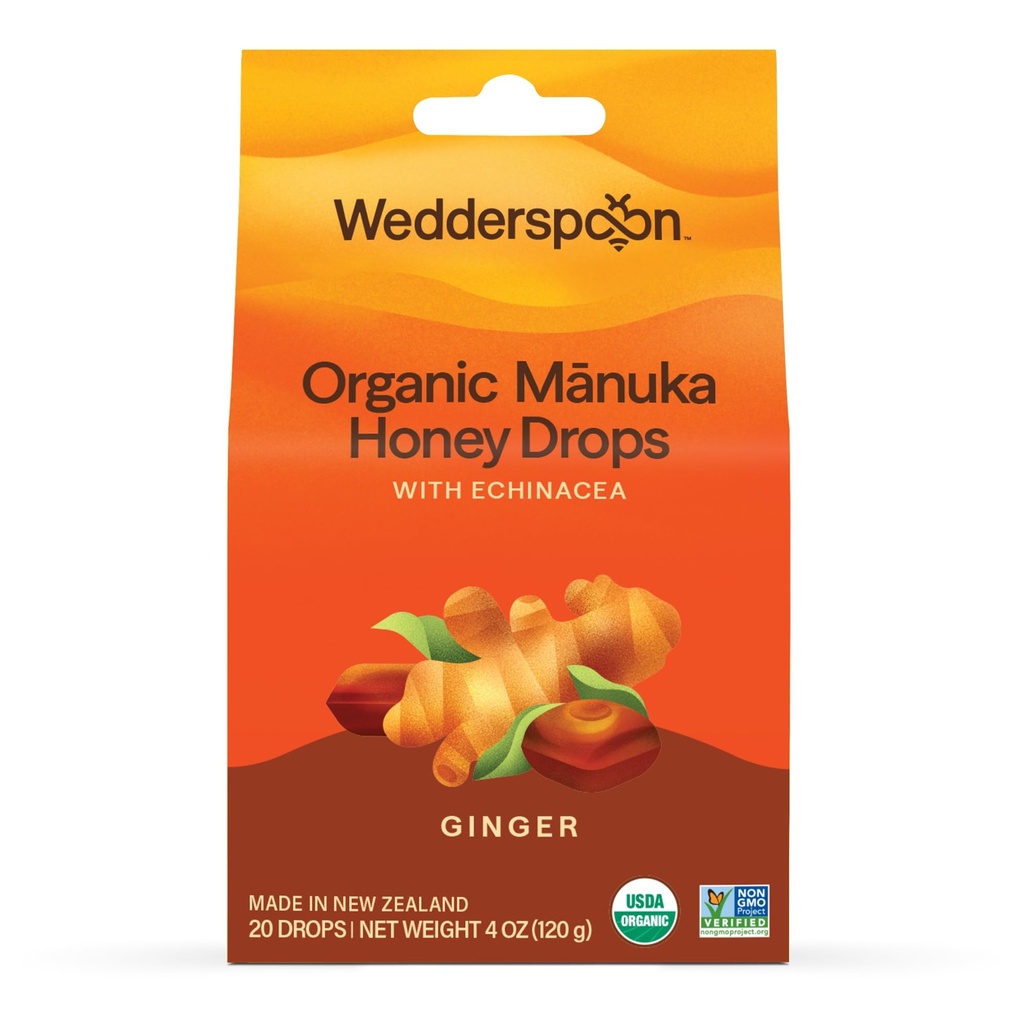 Wedderspoon 有机玛努卡蜂蜜滴, 姜汁和艾奇纳西亚, 20 Counter (Pack of 1) 新西兰真蜂蜜 干喉的完美补救措施