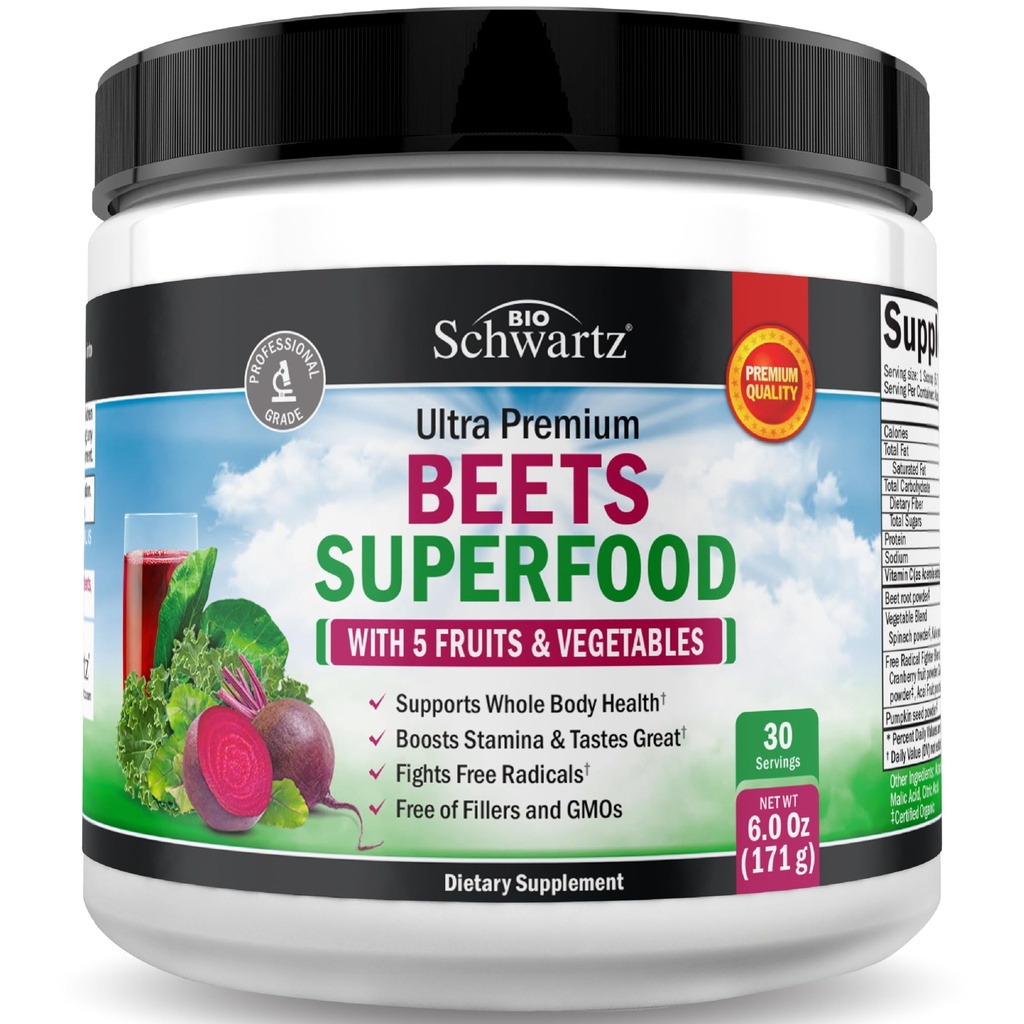 Bet Root Powder - Beets超级食品 配有维生素C + 有机抗氧化剂 富含红果和蔬菜 - Bosts Stamina and Natural Energy 级别 - 30 services - 包装 May Vary