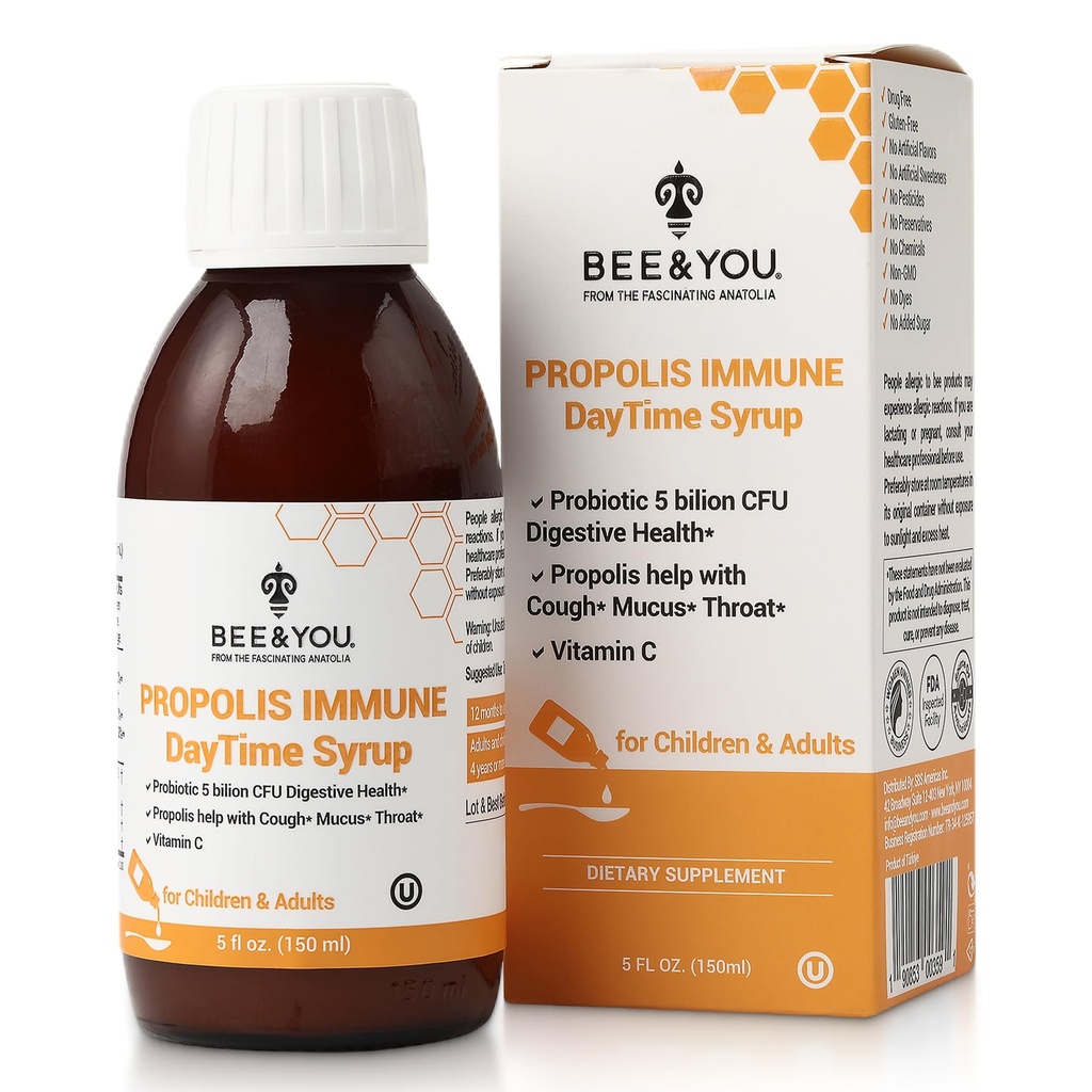 蜜蜂与你 Propolis Immune日 时间糖浆与Probiotic,维生素C,Immune支持,消化健康,抗氧化剂,Gut Health 5 Fl Oz