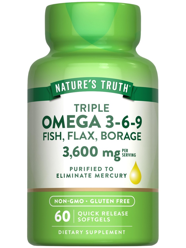大自然的真理三重奏 Omega 3-6-9 Softgels QQ 3600mg QQ 60 Counter QQ鱼, Flax, Borage Oils QQ Non-GMO & Gluten Free Supplement(英语:Non-GMO & Gluten Free Supplement) 互联网档案馆的存檔,存档日期2013-03-02.