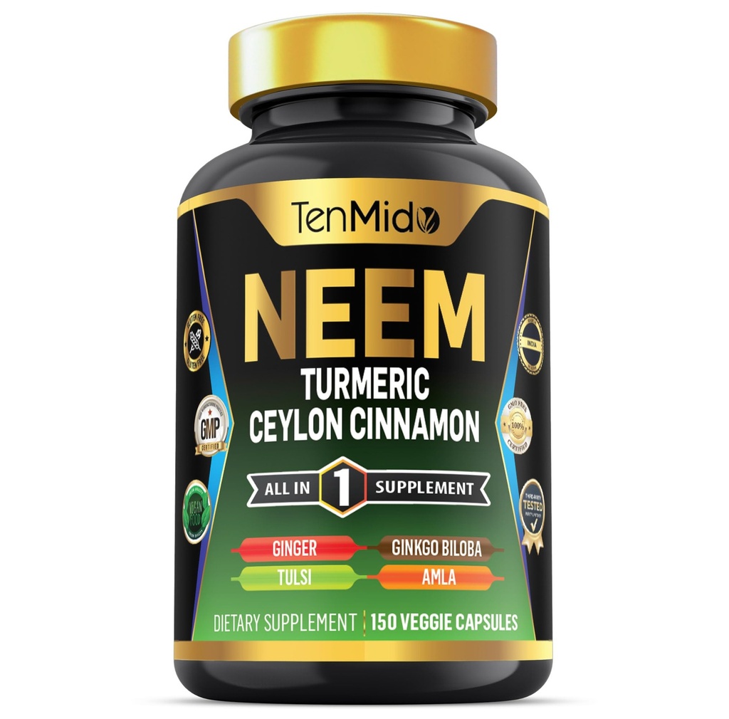 Neem Leaf 补编 - 8in1 公式 - 与Turmeric,锡兰锡桂,Ginger,Tulsi,Ginkgo Biloba,Amla 和 Black Pepper - Immune 健康支持 - 150 Vegan Capsules 组合