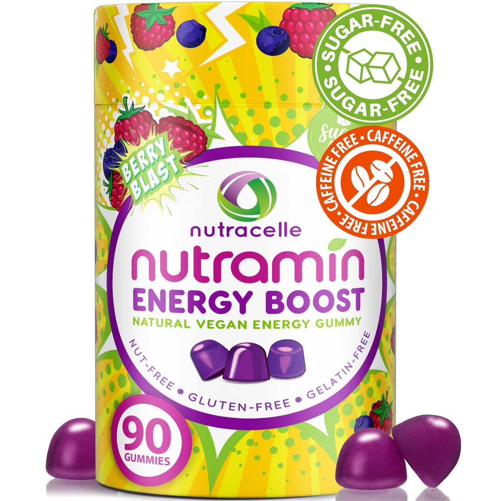 NUTRAMIN 能源促进维生素Gummy - 跳过咖啡并推进你的能源,无咖啡因,无糖,Vegan,B12,绿茶,Ashwagandha,Garcinia Cambogia,Raspberry Adapgen - 90厘米