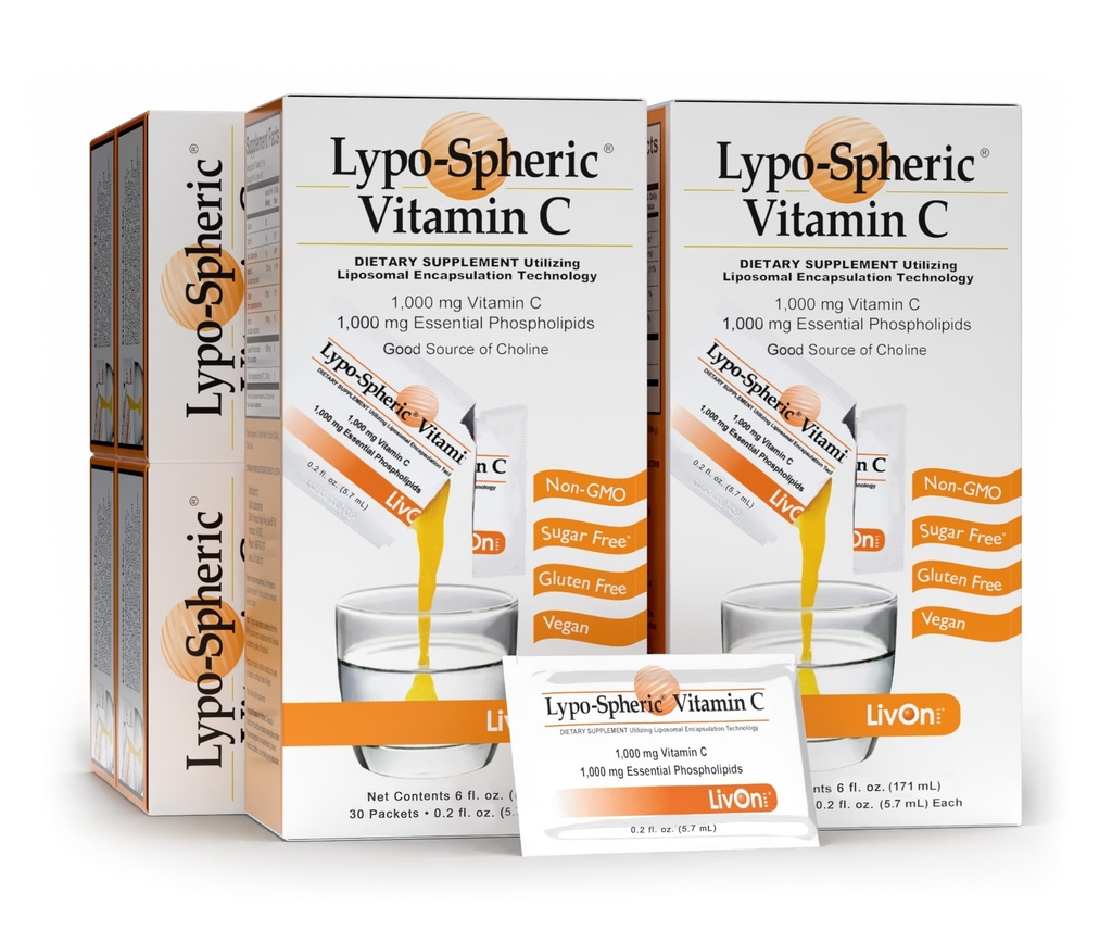 Lypo – 球状维生素C – 6卡顿(180包) – 1 000毫克维生素C和 1000毫克 基本磷脂 – 每包 – Liposome 封装用于改进吸收 – 100% 非 – GMO