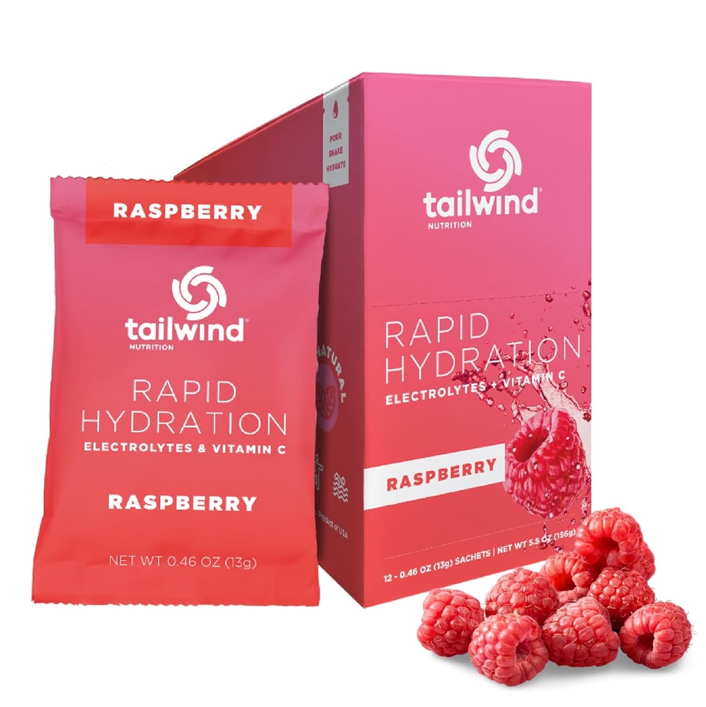 尾风营养 快速水分,电解和水分粉,维生素C和海盐锻炼 锻炼 混合,Raspberry,包12棒