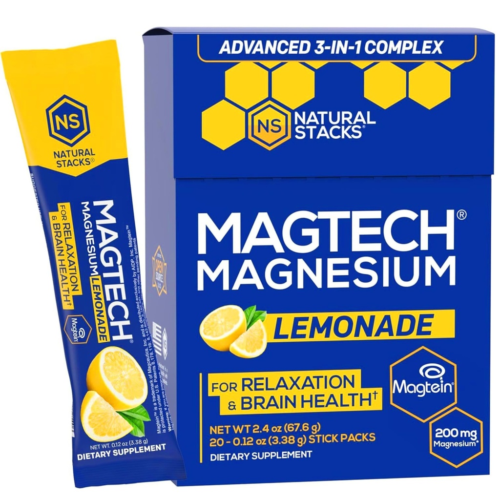 MagTech Magnesium Drinking Mix - 糖无柠檬水 - 3种镁形式:Magtein L-Threonate, Glycnit & Taulate - 200mg Chelated Magnesium Complex - 支持放松和脑健康 - 20种服务