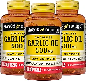 Mason Natural Garlic Oil 500 mg 无氧Aldores Allium Sativum 补编 - 支持一般井,100软胶(3包)