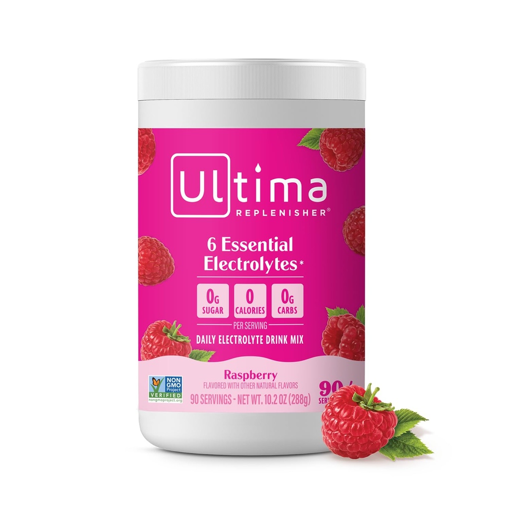 Ultima Replenisher Daily Electrolyte Powder Drinking Mix – 无糖配料 – Raspberry, 90 services – 含6个关键电解质和追踪矿物的水化粉 – Keto Friendly, Vegan, Non-GMO
