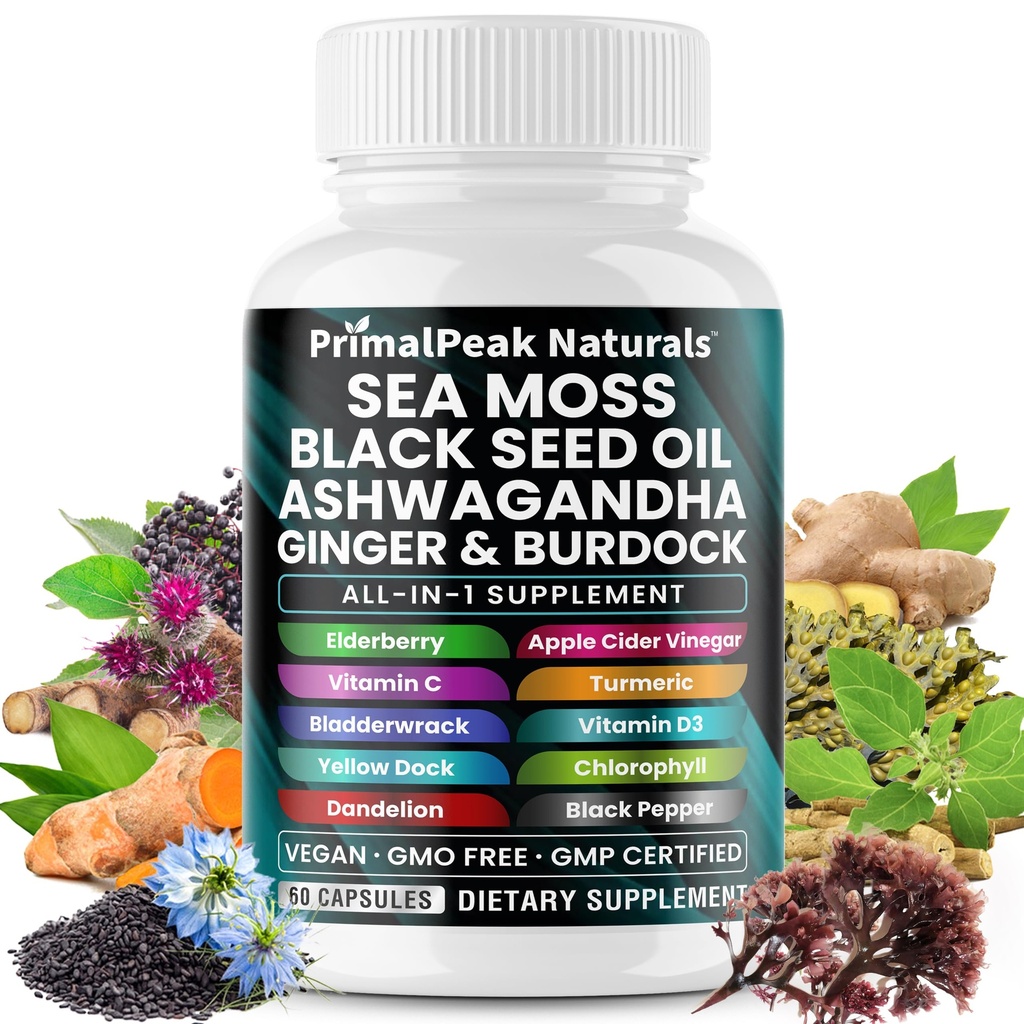 Sea Moss Black Seed Oil Ashwagandha Ginger Burdock Bladderwrack Turmeric & Vitamin C Vitamin D3 with ACV Elderberry Chlorophyll Dandelion Yellow Dock Vegan Capsules - 60 Count
