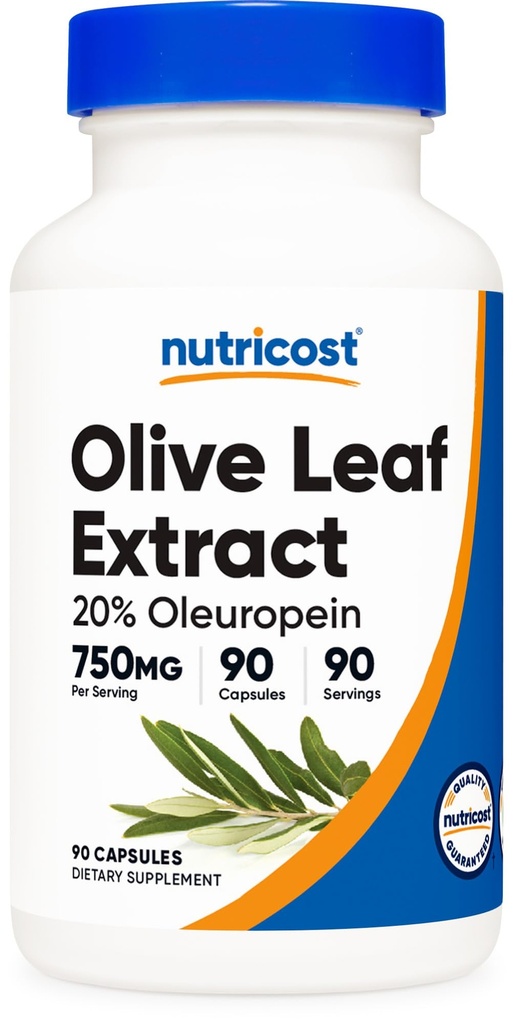 营养成本橄榄叶提取(20% Oleuropein) 750 MG, 90 Capsules - 非GMO, Gluten Free