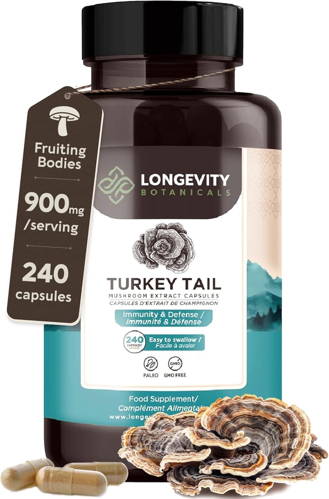 Turkey Tail Mushules Capsules Supplements (240) 纯果品生产机构 10:1 高强度提取 50% Beta-D Glucans → 9 000 mg 原始等价品