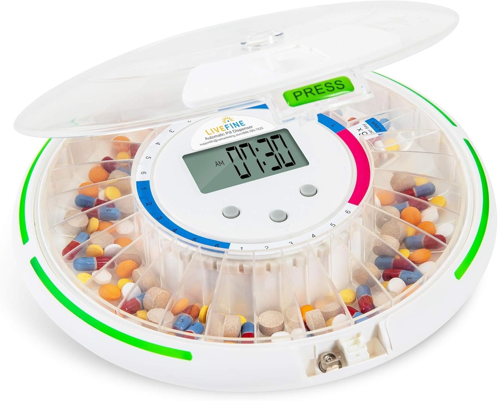 Live Fine Automatic Pill Dispenser 配有28天电子药剂组织器,6个剂量模板,易读液晶显示器,用于处方,维生素,补充和更多的声音和光警示和密钥