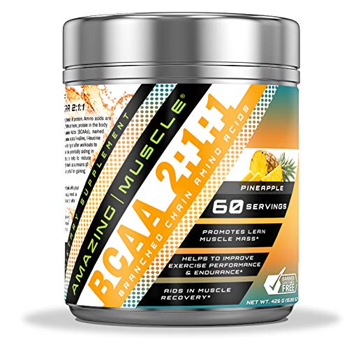 惊人的肌肉 BCAA 2: 1:1 支链氨酸 补充 + 6000 Mg 个人服务 + 菠萝 Flavor → 60 服务
