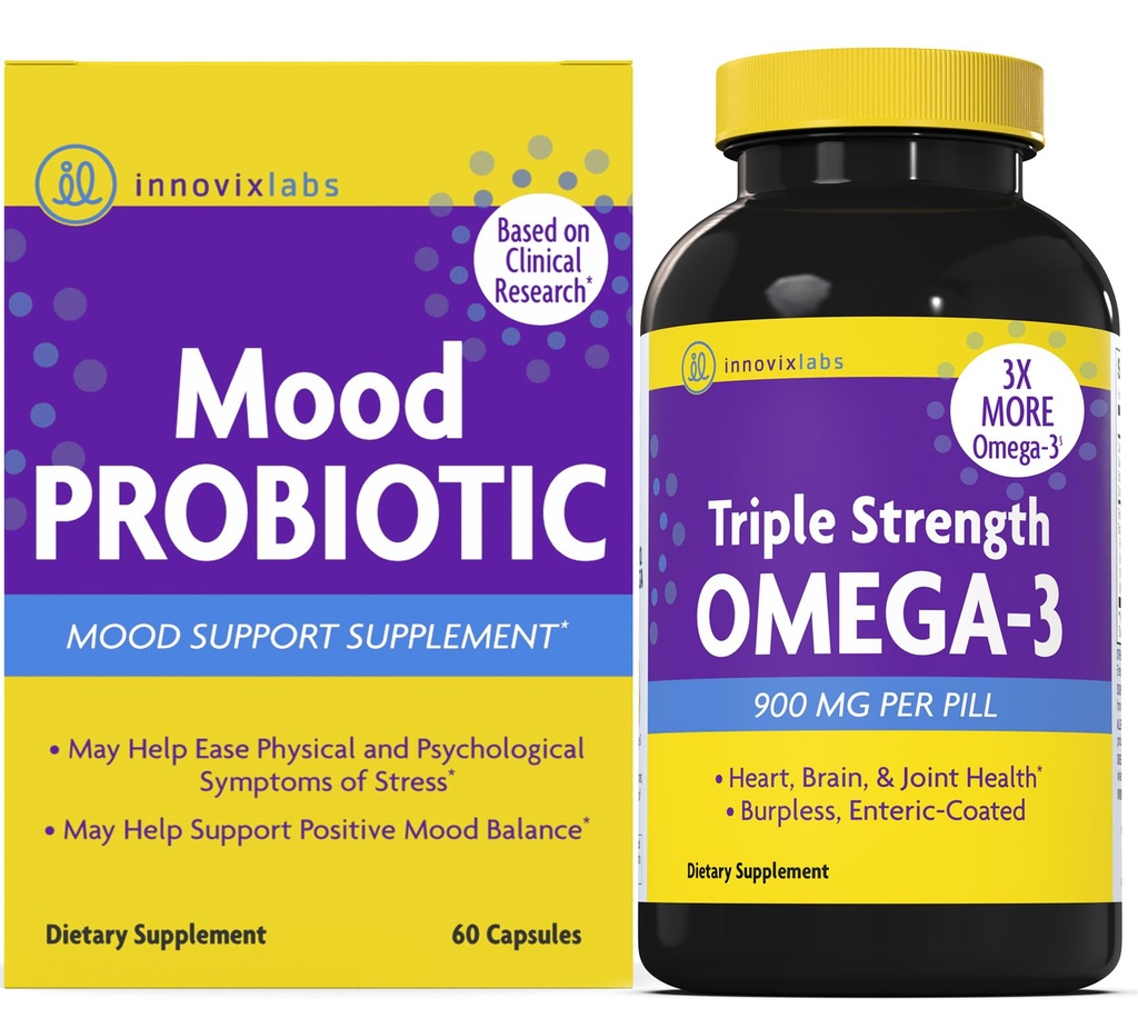 InnovixLabs Mood Probiotic & Triple Omega Bundle Mood Probiotic (60 Capsules) 三强Omega-3 Fish Oil (200 Softgel). 支持大脑、关节和免疫健康*